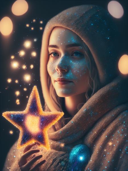 <lora:BrandonWoelfel:1>a beautiful non-binary person wearing cosy winter clothing, holding a star made of sparkling colourful glass, bokeh, magical, Christmas