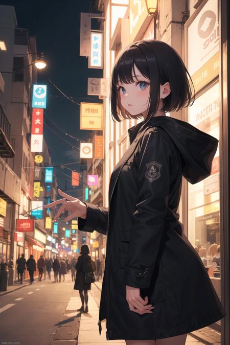 (masterpiece, ultra high res, best quality:1.1), 1girl, solo, black hair, short bob, (black coat), night, city,