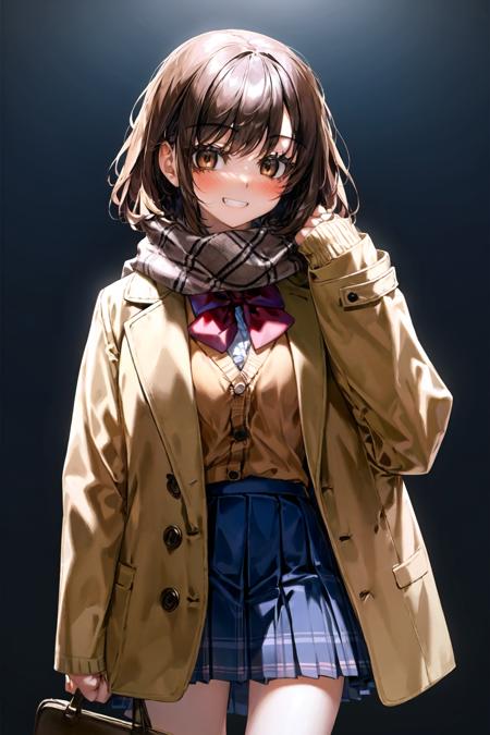 <lora:Quasarcake:1>, 1girl, solo, skirt, scarf, smile, plaid, bangs, bag, snowflakes, blush, cardigan, jacket, bow, bowtie, shirt, buttons, grin, miniskirt, coat, teeth, standing, enpera, brown hair, red scarf, looking at viewer, school uniform, open clothes, long sleeves, pleated skirt, sleeves past wrists, brown eyes, plaid scarf, cowboy shot, fringe trim, blue skirt, school bag, plaid skirt, white shirt, open jacket, brown jacket, open coat, hand up, brown cardigan, short hair