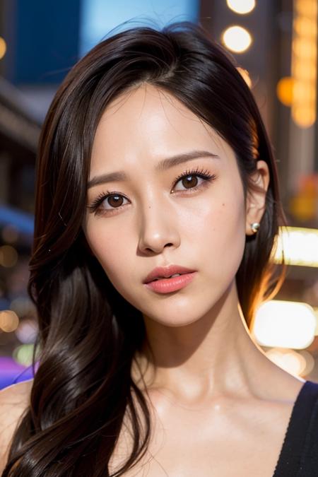 "1girl,photo of mina, brown hair,best quality,(detailed face:1.4), (looking at viewer:1.4),closed mouth,expressionless,  shiny skin, city at night background ,(half body:1) 
 <lora:minatwice_v1.0.1-000001:0.850>