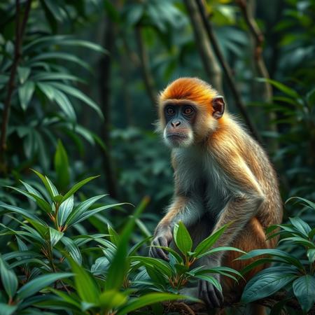 A photorealistic image of a jungle with a monkey similar to the one from Bali
