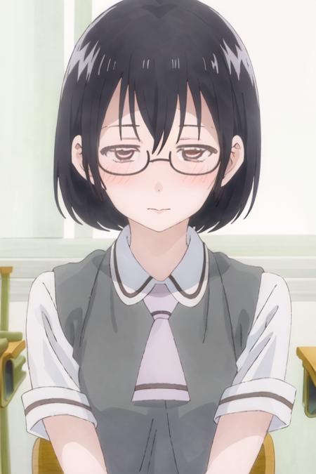 best quality, masterpiece, highres, solo, {kasumi_nomura_asobiasobase:1.15}, black_hair, glasses, short_hair, necktie, brown_eyes