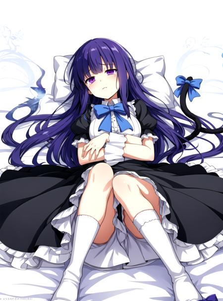 masterpiece, best quality, lying in bed, crying, frederica bernkastel, background dark forest , 1girl, tail, solo, purple eyes, dress, long hair, cat tail, blue hair, bow, socks, ribbon, kneehighs, frills, White background,  <lora:Frederica Bernkastel anyloraCheckpoint8ep26ryes40-000006:0.7>