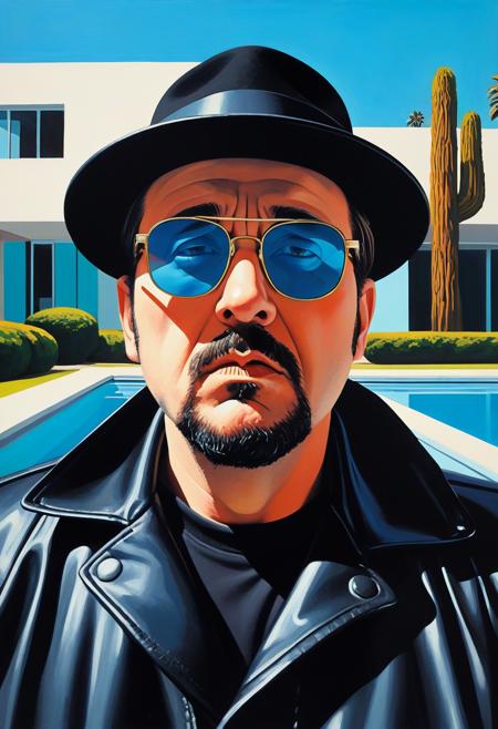intimidating drug kingpin in black pork pie hat, dark sunglasses pushed up on forehead, goatee, black leather jacket, chin tucked slightly into chest, head positioned down, eyes looking up directly at viewer from under heavily lowered brow, intense unblinking Kubrick stare, eyebrows deeply furrowed and lowered, menacing predatory gaze, whites of eyes visible above iris, unsettling fixed expression,, vibrant acrylic painting style, bold flat colors, clean geometric compositions, bright California sunlight, crisp shadows, modernist architecture, swimming pool blue tones, perfectly manicured landscapes, mid-century modern aesthetic, saturated color palette, smooth gradients, minimal detail work, contemporary pop art influence, architectural precision, optimistic 1960s atmosphere,