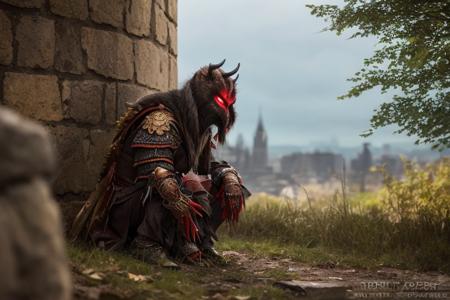 A plotting demon, waiting outside the walls of the city by the road for a passing adventurer, Bokeh, Depth of Field, HDR, Photorealistic, extremely detailed, trending on artstation, trending on CGsociety, Intricate, High Detail, Masterpiece, Award Winning, 8k