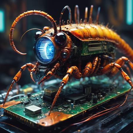 centipede made out of electronics and pc parts, mainboard, gpu, cpu, circuit, electronic resistor, condesator, whimsical photorealism, amazing depth, fantasy concept art, impressionist watercolor paint by Geoffroy Thoorens, James Christensen,  Russ Mills, intricate, cinematic lighting, highly detailed, smooth, sharp focus, perfect balanced style, amazing depth, complementary colors, sci-fi style, hyperdetailed, dark light, sinister masterwork by head of prompt engineering  <lora:SDXLFaeTastic2400:0.8>