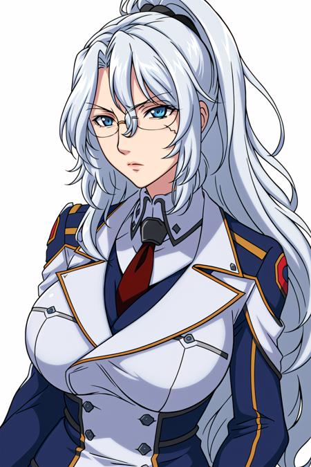 Simple White Background,
Blue jacket,long sleeves,military, military uniform, necktie,
<lora:Chall_Acustica_00F-KK77-V1:0.7>,glasses,
blue eyes, white hair,bangs,Long hair,wavy hair, high ponytail,
<lora:Oda_Non_Style-KK77-V2:0.3>,<lora:more_details:0.1>,
1 girl, 38yo,Young female,Beautiful long legs,Beautiful body,
Beautiful Nose,Beautiful character design, perfect eyes, perfect face,expressive eyes,perfect balance,
looking at viewer,(Focus on her face),closed mouth, (innocent_big_eyes:1.0),(Light_Smile:0.3),
official art,extremely detailed CG unity 8k wallpaper, perfect lighting,Colorful, Bright_Front_face_Lighting,White skin,
(masterpiece:1.0),(best_quality:1.0), ultra high res,4K,ultra-detailed,
photography, 8K, HDR, highres, absurdres:1.2, Kodak portra 400, film grain, blurry background, bokeh:1.2, lens flare, (vibrant_color:1.2),professional photograph,
(Beautiful,large_Breasts:1.4), (beautiful_face:1.5),(narrow_waist),