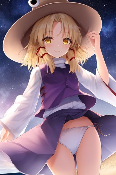 masterpiece, best quality, highres, solo, {night:1.10}, {starry sky:1.10}, beach, beautiful detailed sky, {extremely detailed background:1.20}, {moriya_suwako_touhou:1.10}, {standing:1.10}, looking at viewer, {bikini:1.30}, blonde_hair, hat, ribbon, hair_ribbon, vest, smile, yellow_eyes, red_ribbon, bangs, purple_vest, short_hair, light smile