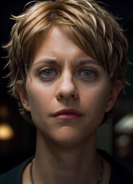 portrait of skswoman, skeptical , wearing custom-made , with chocolate Asymmetrical haircut , background simple epic (photo, studio lighting, hard light, sony a7, 50 mm, matte skin, pores, colors, hyperdetailed, hyperrealistic), <lyco:Meg RyanV2:1..2>