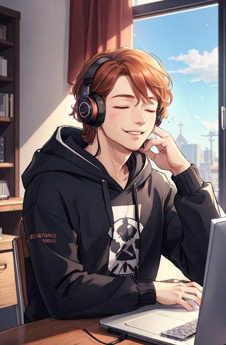 masterpiece, best quality, detailed background, indoors, desk, computer, window, sky, parted lips, closed eyes, headphones, hoodie, upper body, <lora:FerdinandvonAegir-10:0.7> ferdinandvonaegir, 1boy, solo, smile