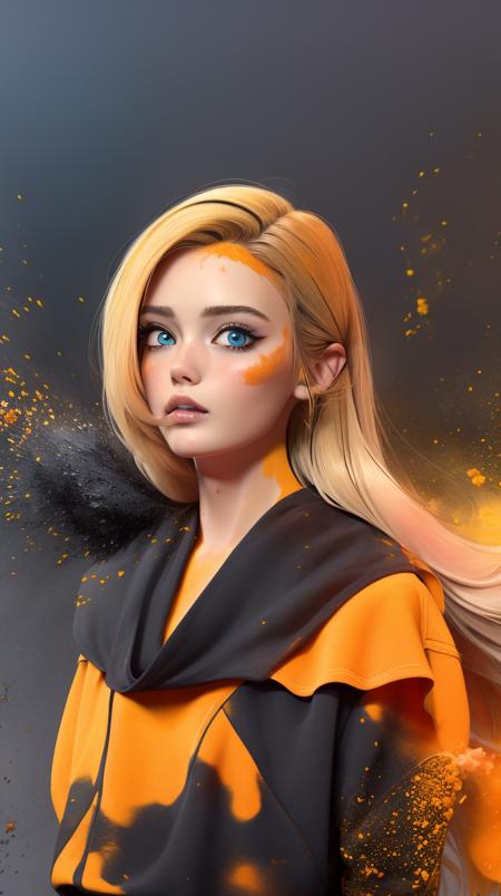 <lora:Sexy-German:1> blonde long hair, blue eyes, black powder, orange powder and yellow powder splashes on background, high quality photography, <lora:powder_v1.0:1>   CS-OBG