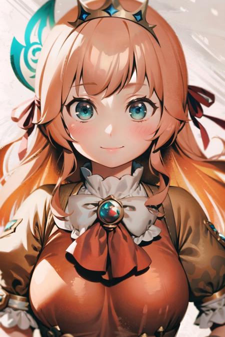 1girl, breasts, solo, pecorine (princess connect!), orange hair, gloves, large breasts, blue eyes, tiara, ahoge, long hair, cleavage, white background, white gloves, simple background, looking at viewer, upper body, red ascot, ribbon, smile, red ribbon, hair ribbon, blush, short sleeves, signature, ascot, bangs, puffy short sleeves, puffy sleeves, closed mouth