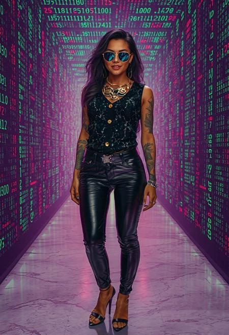 Explore a mesmerizing cybernetic labyrinth filled with scrolling code streams. A woman in high heels commands attention with her striking presence. Her gold-buttoned top is adorned with pixel-art constellations, paired with leather pants pulsing with embedded LED circuits. Sunglasses reflect vibrant strings of binary, and a layered necklace projects dynamic holographic runes. The background becomes a grid of shifting emerald green and lime pixels, creating an immersive tech maze bursting with energy. Syd Mead’s digital minimalism harmonizes with Rolf Armstrong's retro-futuristic charm: glowing tattoos embellish her arms, a playful wink directed at the viewer, and a vibrant skin tone. Add flickering code trails and dynamic glitch effects for added visual interest. Capture the essence of Norman Rockwell’s painterly style with visible brushstrokes, highlighting the textures of the velvet and marble. The lighting is warm and inviting, creating a sense of classic beauty and nostalgic allure.