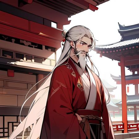 best quality,masterpiece,(1male,elder),very long hair,very long beard,hanfu,ffgufengdamoff,closed mouth,outdoor,east asian architecture,