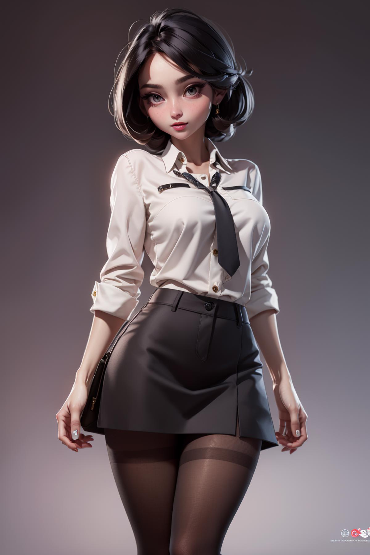 A computer-generated woman wearing a white shirt, black tie, and black skirt.
