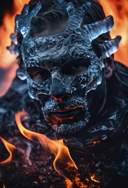 high quality, photo of 30 y.o Scandinavian man, upper body, mask of translucent ice covering half of his face, detailed face, cinematic shot, dramatic lighting, lava and fire in background