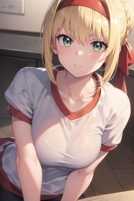 fgonero, <lora:nero-lora-nochekaiser:1>, 
nero, ahoge, blonde hair, (green eyes:1.5), hair between eyes, hair intakes, 
BREAK braid, buruma, french braid, gym shirt, gym uniform, hair bun, headband, official alternate costume, red buruma, red headband, single hair bun,
BREAK looking at viewer, 
BREAK indoors, classroom,
BREAK <lyco:GoodHands-beta2:1>, (masterpiece:1.2), best quality, high resolution, unity 8k wallpaper, (illustration:0.8), (beautiful detailed eyes:1.6), extremely detailed face, perfect lighting, extremely detailed CG, (perfect hands, perfect anatomy),