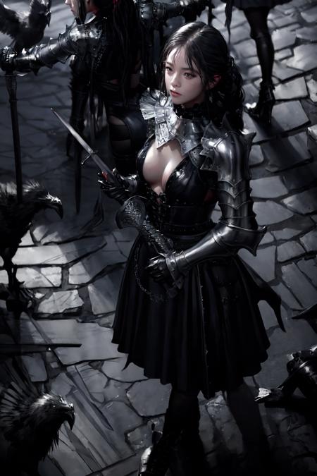 1girl, long hair, multiple girls, large breasts, black hair, gloves, dress, holding, 2girls, cleavage, standing, weapon, sword, holding weapon, armor, black dress, blood, , from above, holding sword, shoulder armor, reflection, dual wielding, pauldrons, crow,
 <lora:eraknote2:1>  <lora:lowra_v10:0.8>