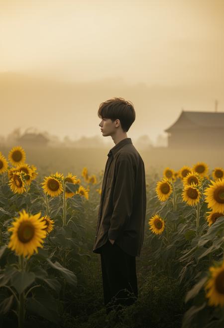 A solitary boy stands amidst a field of towering, withered sunflowers, their heavy heads drooping towards the ground. The scene conveys a sense of melancholy and quiet contemplation. The boy's posture is slightly hunched, suggesting a weight on his shoulders. The background is a hazy, golden-hour landscape, bathed in soft, diffused light. Photorealistic, cinematic lighting, 8k resolution, octane render, volumetric light, inspired by the paintings of Edward Hopper and Ansel Adams, solitude, introspection, beauty, dramatic composition, sense of longing.
