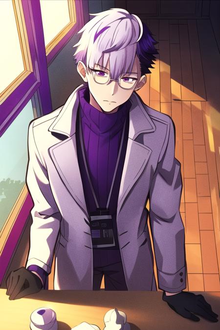 <lora:Tsuchigomori:0.7>  masterpiece, best quality, solo, 1boy, purple eyes, white hair, purple hair, multicolored hair, male focus, glasses, black gloves, turtleneck, white coat, indoors, window, sunlight, kiseru, steam,