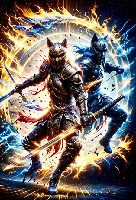 (two men|Cat warriors ((fight)) the first one hits, the second one defends, in armor (golden versus silver), (full height), ((strike with a sword)), a hood on the head, a mask on the face, the sword is decorated with luminous runes), glow, Fiery beautiful dynamic color background dark blue, direct view, blurred dark background, depth sharpness, studio photo, ultra quality, 8k, (intricate details, masterpiece, best quality: 1.4), futuristic style, elegant, modern, sharp- edge, detailed