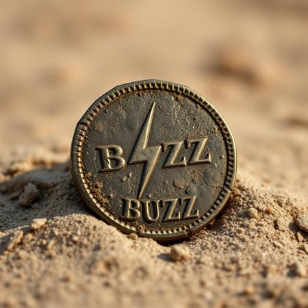 Closeup of a Archeological find in desert, a ancient detoriated coin with lightning bolt symbol and text in ancient font saying BUZZ, realistic, masterpiece, dramatic light, depth of field