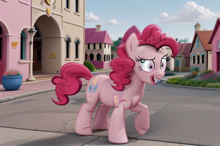 Cheerful Pinkie Pie strolling in the town of Ponyville,  realistic, perfect, detailed, Pinkie Pie, My Little Pony, MLP, MLP:FIM, My Little Pony: Friendship Is Magic, Pinkie Pie, Pony, ponies, Ponyville