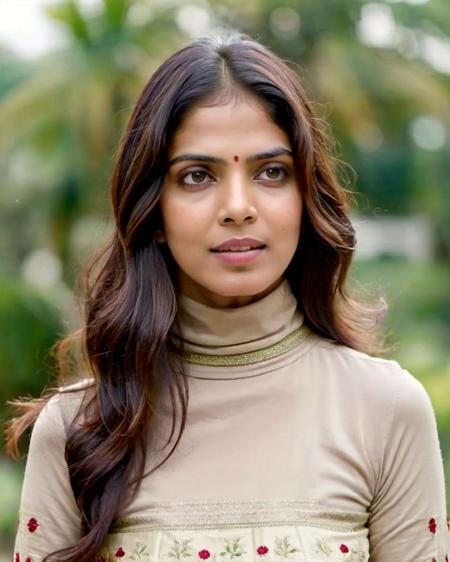 ultrarealistic portrait soft focus photo of a 30-year-old woman, malavika mohanan, outdoors, covered chest, embroidered turtleneck kurta, Two-shot camera angle, looking looking at camera, midday time, beautiful bokeh, film grain <lora:Malavika_Mohanan_SDXL_LoRA:0.8>