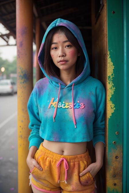 (close-up editorial photo of 20 yo woman, wearing hoodie, looking at viewer, holi color festival, binding shorts) (standing:1.2) (dim lit room:1.4)  <lora:epiNoiseoffset_v2:1.2>  <lora:bindingShorts_v1:0.3>, POV, by lee jeffries, nikon d850, film stock photograph ,4 kodak portra 400 ,camera f1.6 lens ,rich colors ,hyper realistic ,lifelike texture, dramatic lighting , cinestill 800,