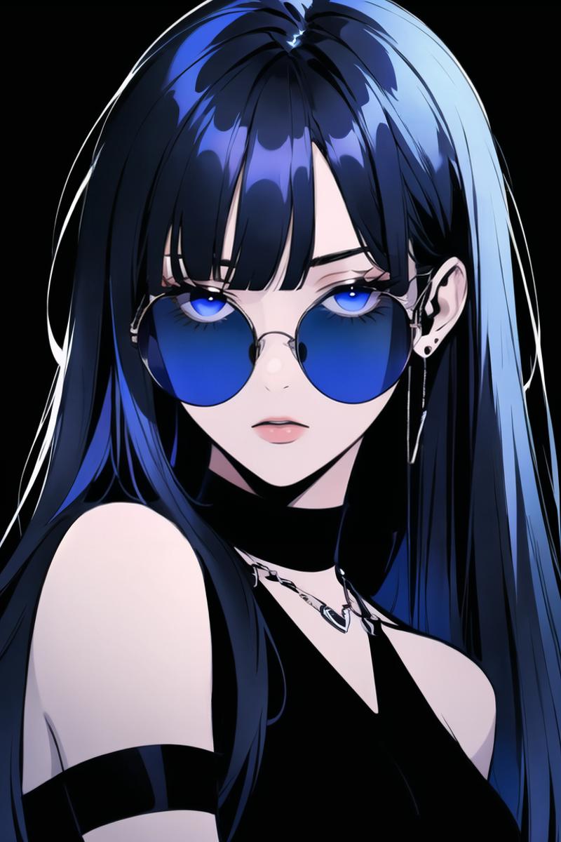 A blue haired woman wearing sunglasses and a black top.