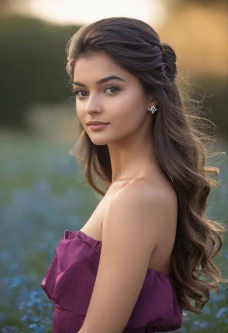 [Create a highly realistic photo of a young, slight smile, camera focused around 21 years old [Tamil:Caucasian:1:1] girl model in deep blue-purple dress and blue-purple field background. The image should be detailed and lifelike, making it challenging to discern whether it's a real photograph or a digital creation. Focus on achieving realism in her facial features, skin texture, and hair, and ensure the lighting contributes to the overall authentic appearance. Hair is long and silky, floating in air. Partially visible earrings. Dimple. (Detailed gray eyes)] detailed, romantic, very inspirational, beautiful, elegant, lovely, cute, pretty, modern, epic composition, fabulous atmosphere, cinematic light, dynamic dramatic ambient, (sharp)