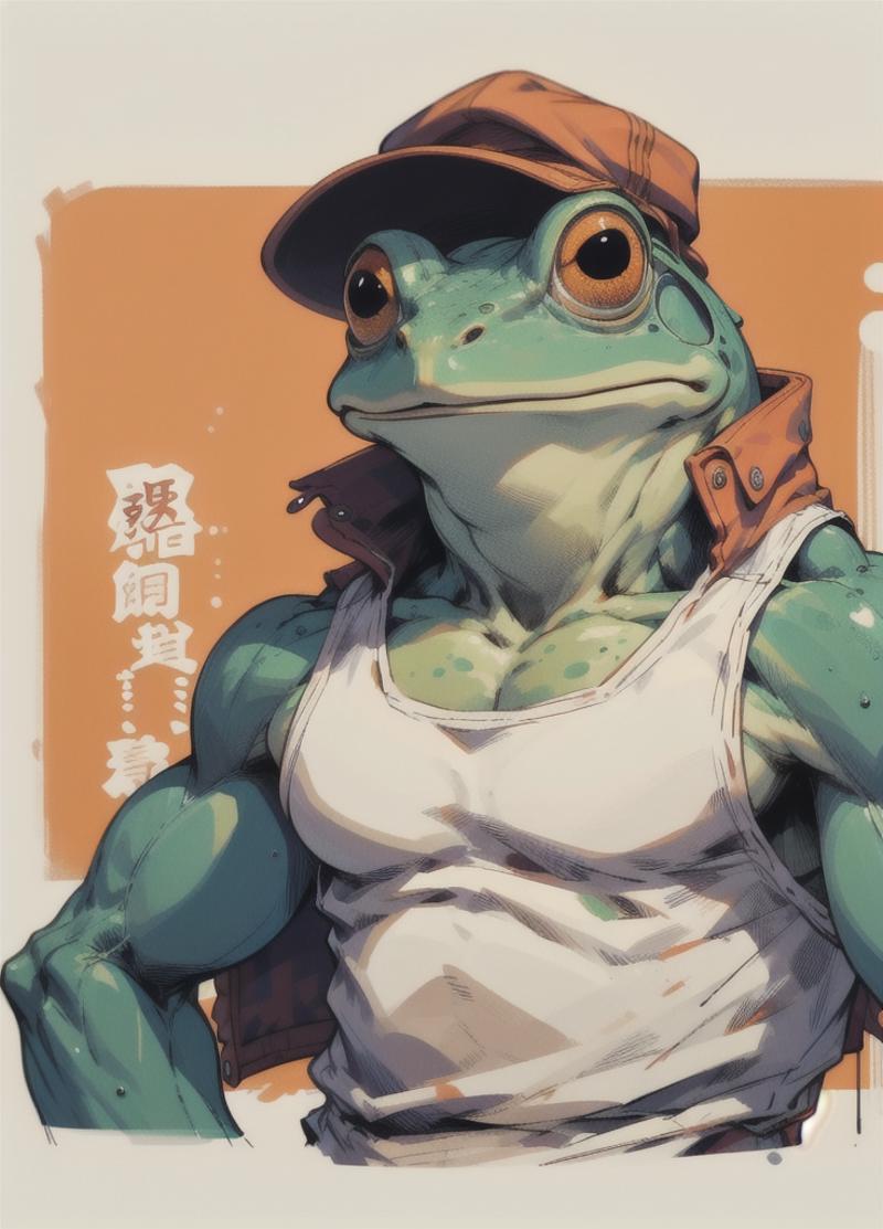 A cartoon frog wearing a hat and a tank top.