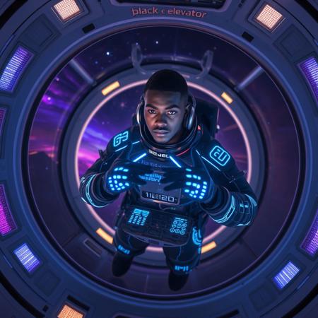 A Black cosmonaut with dark brown skin and close-cropped hair floats weightlessly inside a sleek, futuristic space capsule known as The Black Elevator. He wears a custom black spacesuit adorned with glowing blue circuitry patterns that pulse rhythmically, synced to the music he creates. Suspended in zero gravity, he manipulates a holographic music interface with his gloved hands—each movement generating vibrant soundwaves that ripple through the air like luminous streams of color. His expression is focused yet serene, eyes reflecting distant galaxies visible through the wide, transparent dome above him. Stars streak past as the vessel travels through a tunnel of swirling light and cosmic energy, blending deep purples, electric blues, and radiant golds. The interior of The Black Elevator is minimalistic but sophisticated, with smooth obsidian walls and illuminated panels casting a soft, ambient glow. The camera slowly orbits around him, capturing his fluid motions and the surreal beauty of space-time distortion outside. The scene feels otherworldly and soulful, merging science fiction with a sense of spiritual exploration.
Style: Futuristic sci-fi, Afrofuturism, highly detailed, cinematic
Lighting: Soft interior glow with contrasting vibrant cosmic light outside
Camera: Slow orbiting shot, medium-to-wide framing, focusing on the cosmonaut and the interface interaction.