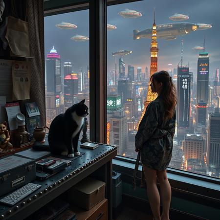 Extremely detailed, high cfg, realistic image, black cat with a white neck and white feet is sits on a cluttered metal riveted desk next to a maneki neko statue and small bronze buddha, the cat is looking out to a floor to ceiling window that looks out over a futuristic cyberpunk Tokyo skyline with skyscrapers and futuristic airships covered with lights and advertisements in Japanese, a tall thin beautiful young woman, 22 years old, is standing next to the cat looking out at the city through the window, The woman is dressed in an ornate short japanese style bath robe, exposing her long legs.  The woman's hair is messy from just waking up. Artistic cyberpunk, dynamic perspective,
