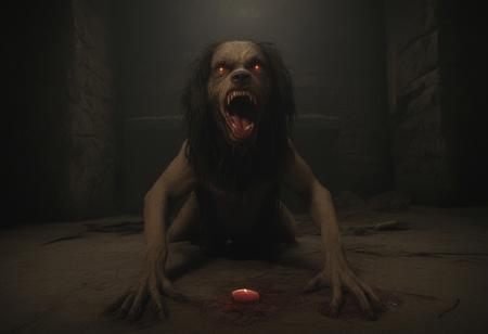 nightmarish, occult ritual in a dark, decaying chamber with crumbling stone walls and flickering, blood-soaked candles casting grotesque shadows. In the center, a grotesque, distorted dog, its body unnaturally elongated and covered in matted fur, stares directly at the viewer with hollow, unblinking eyes that glow with a sickly, malevolent yellow light. The dog’s face is disturbingly human-like, with sharp, broken teeth and a twisted, unnatural grin. From its head, long, tangled brown hair, like that of a young girl, flows down over its face and neck, contrasting with its animalistic features. The hair seems alive, tangled with dark, twisted strands that move unnaturally. Its paws are unnervingly large, with broken, jagged claws that extend at grotesque angles. The ritual circle beneath the creature is smeared with dark, thick blood, and sinister, glowing runes pulse with dark energy. Around the dog, shadowy, cloaked figures in tattered black robes chant in a low, guttural voice, their skeletal hands reaching out toward the beast. In the background, ancient tomes lie open, filled with incomprehensible symbols, while the air is thick with the stench of decay. The scene is hyper-realistic, every detail, from the dog’s warped features to the sinister atmosphere, rendered in excruciating detail to evoke overwhelming terror, suffocating the viewer with a sense of dread and impending doom