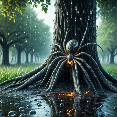 masterpiece, best quality, amazing quality, very aesthetic, hdr , atmospheric perspective, detailed shadows, intricate details, graphic novel, 8k, depth of field, immersive perspective, object occlusion, horror \(theme\), tree trunk, foreshortening, photorealistic, a striped spider with spindly legs climbing the tree, water droplets tree, water droplets ground, ((spider made out of fire)),SimplePositiveXLv2, xlmrblng36-500,