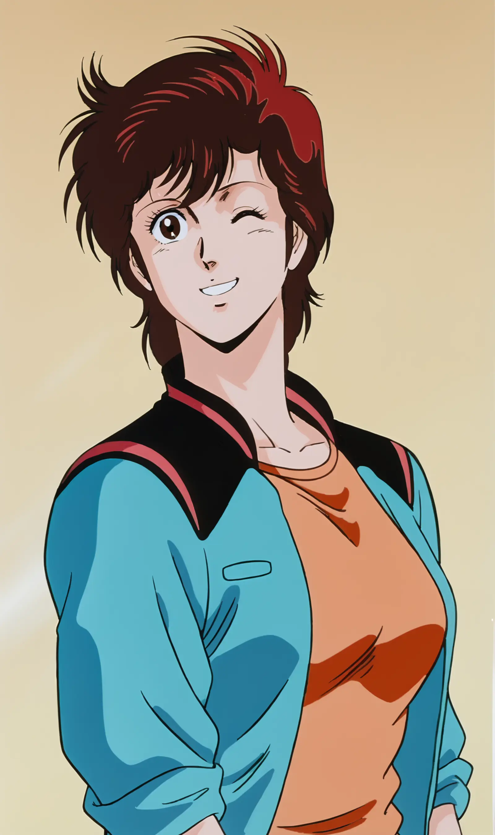 A woman with short red hair is winking and smiling broadly. Her attire consists of a blue jacket with a black and red collar, worn over an orange shirt. The background is a soft yellow.