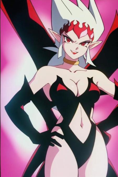 masterpiece, best quality, 1girl, solo, dark phoebe, long hair, breasts, looking at viewer, smile, open mouth, bangs, red eyes, gloves, navel, cleavage, medium breasts, white hair, wings, teeth, choker, pointy ears, black gloves, elbow gloves, hand on hip, clothing cutout, makeup, lipstick, navel cutout, portrait, close-up, red lips