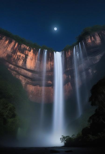 Santo Angel Falls in Venezuela at night lit by a bio-luminescence light, fog at the bottom of the fall, background moon illuminating it, stars and northern lights, very realistic photography