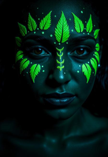 Eyes painted with a bioluminescent jungle theme, where glowing vines and neon-green leaves curl across the lids, accented with tiny, luminous insect-like dots. The lashes are elongated with feather-like extensions that pulse faintly, and her irises glow like emerald fireflies. Shot in a dark, humid studio with ultraviolet accents, using a Sony A9 II, .arw file, focusing on the vivid luminescence.
, aidmarealisticskin, aidmaHyperrealism