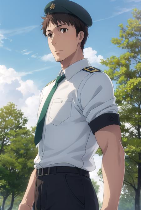 youjiitami, <lora:youji itami s1s2-lora-nochekaiser:1>,
youji itami, brown hair, (brown eyes:1.5), male focus, mature male,
BREAK shirt, hat, white shirt, necktie, collared shirt, belt, pants, uniform, beret, green necktie,
BREAK outdoors, forest, nature, grass, trees, sun, sky, clouds,
BREAK looking at viewer, (cowboy shot:1.5),
BREAK <lyco:GoodHands-beta2:1>, (masterpiece:1.2), best quality, high resolution, unity 8k wallpaper, (illustration:0.8), (beautiful detailed eyes:1.6), extremely detailed face, perfect lighting, extremely detailed CG, (perfect hands, perfect anatomy),