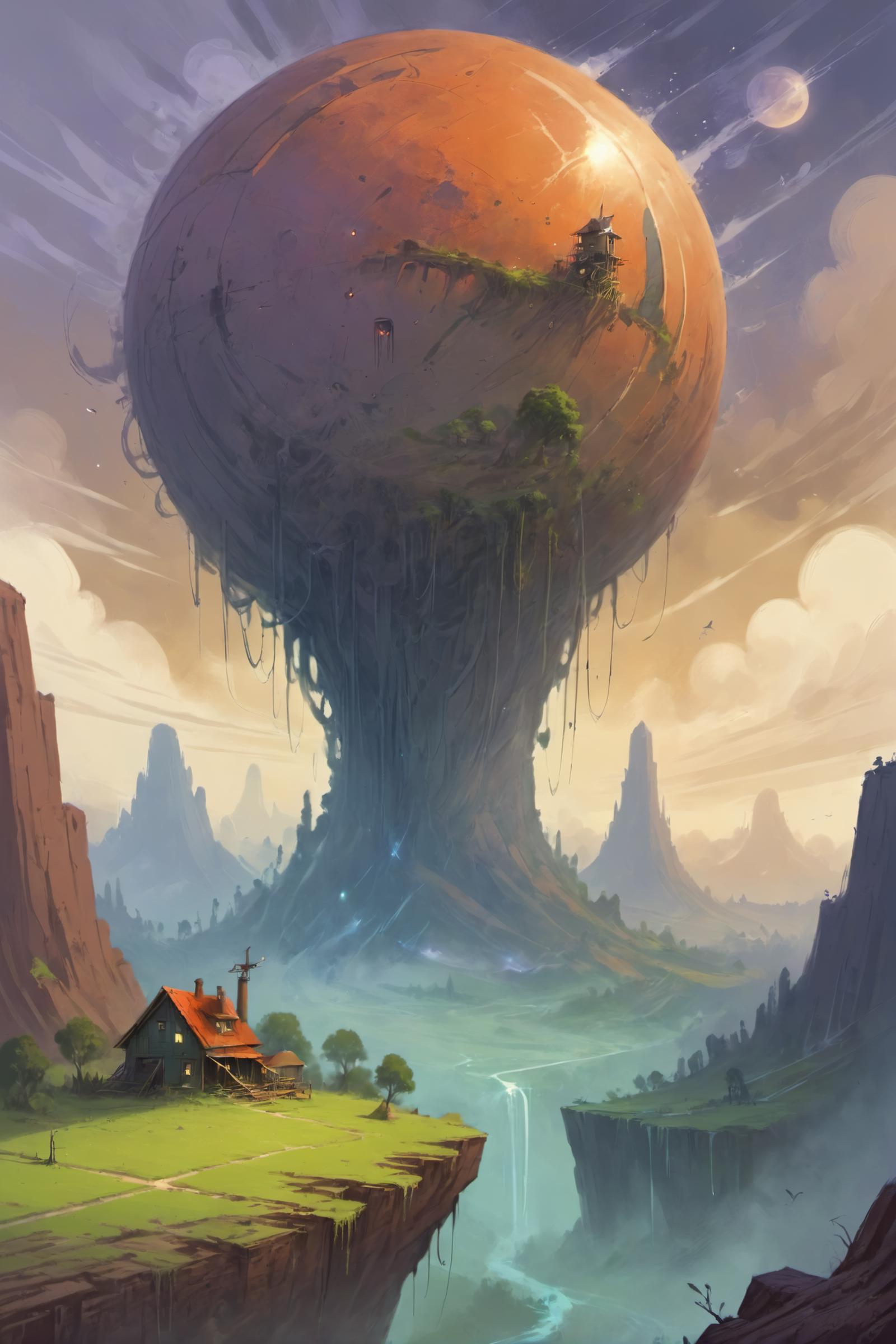 Artistic Illustration of a Giant Tree in Front of a House and Mountains