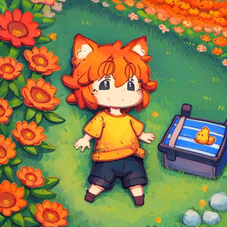 <lora:my-jrpencil-15:1> a small orange fox in a T-shirt and shorts lies on its tummy in the grass among the flowers , smiles , (illustration), cartoon, detailed