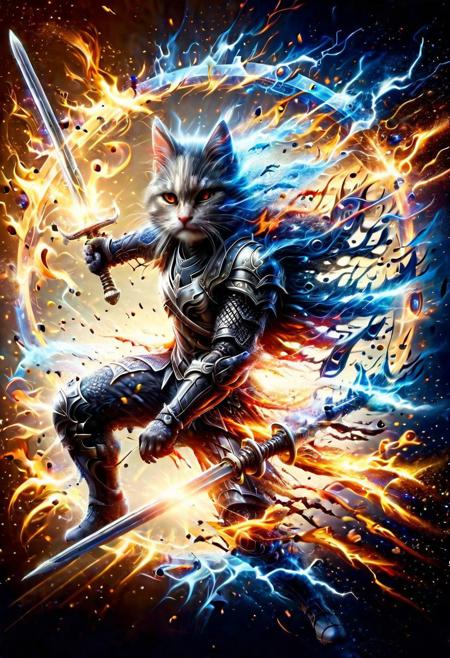 (two man|Cat warriors ((fight)) the first one hits, the second one defends, in armor (golden versus silver), (full height), ((strike with a sword)), a hood on the head, a mask on the face, the sword is decorated with luminous runes), glow, Fiery beautiful dynamic color background dark blue, direct view, blurred dark background, depth sharpness, studio photo, ultra quality, 8k, (intricate details, masterpiece, best quality: 1.4), futuristic style, elegant, modern, sharp- edge, detailed