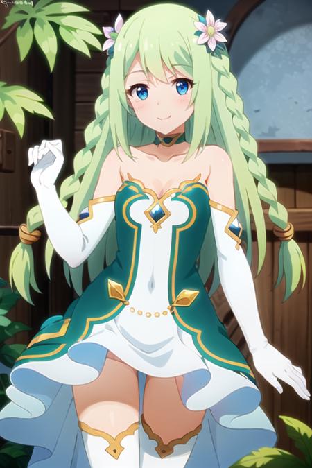 best quality, 4k, ((masterpiece)), extremely detailed, 8k, <lora:chikaa:0.8>, 1girl, solo, green hair, long hair, twin braids, hair ornament, flowers, green dress, white gloves, elbow gloves, small breasts, blue eyes, green choker, white thighhighs, looking at viewer, smile,