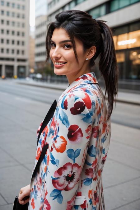 (eye level, headshot:1.2) photo of <lora:YaelAris_v1:0.9> YaelAris wearing makeup and with black hair, smiling, she is wearing apple print blazer , she is wearing brooch, her hair is styled as knotted ponytail, BREAK she is (blusking in a city:1.1), hash flash lighting, shot on Leica M3, technicolor,