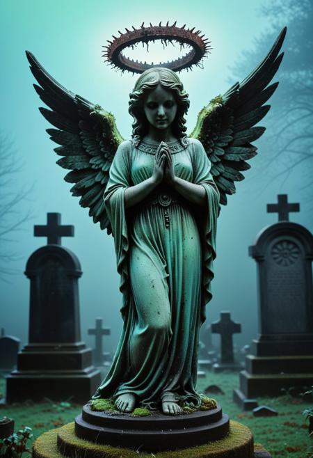 8k, Raw digital photo, dvr-rst, a weathered angel statue made out of burnt bread, standing in a foggy graveyard, spiky halo, moss and decay, eerie blue green glow, an art deco, Soft Texture, Full Colour, 80mm, simple dark background,
