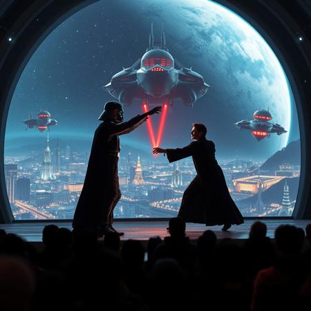 immaculately detailed realistic ultra quality image focused on Darth Vader (Star Wars) and Harry Potter engaged in a duel on a futuristic stage micro-LED lighted, behind the dancer on the stage is an enormous seamless and futuristic wall to wall and floor to ceiling window that looks out at a the planet's surface covered with the lights of enormous buildings and cities, An enormous deco starship with futuristic lighting and an enormous space station are visible in the background among the stars, Artistic art deco, dynamic perspective, (((overall architectural aesthetic is Art Deco Cyberpunk))).  Epic image that elicits a feeling of romanticism, wonder, and awe, the silhouette of the audience can be seen in the foreground that show the enormous scale of the stage and seamless window behind it,