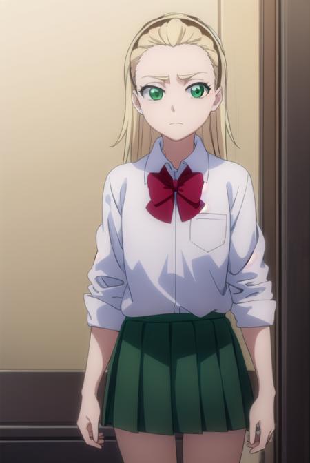 rurichiyokasumioji, <lora:rurichiyokasumioji-lora-nochekaiser:1>, 
rurichiyo kasumioji, long hair, blonde hair, (green eyes:1.5), hairband, hair pulled back, forehead,
BREAK skirt, shirt, bow, school uniform, white shirt, pleated skirt, socks, miniskirt, bowtie, red bow, kneehighs, brown footwear, black socks, loafers, red bowtie, grey skirt, sleeves rolled up,
BREAK indoors, classroom,
BREAK looking at viewer, (cowboy shot:1.5),
BREAK <lyco:GoodHands-beta2:1>, (masterpiece:1.2), best quality, high resolution, unity 8k wallpaper, (illustration:0.8), (beautiful detailed eyes:1.6), extremely detailed face, perfect lighting, extremely detailed CG, (perfect hands, perfect anatomy),