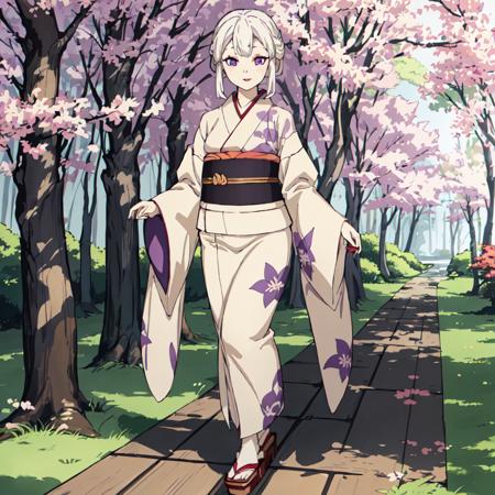 Amane_Ubuyashiki, 1girl, solo,white hair,kimono,makeup, obi, sandals, red lips, long sleeves, wide sleeves, beige kimono, purple eyes,asymmetrical hair,forehead,ringed eyes